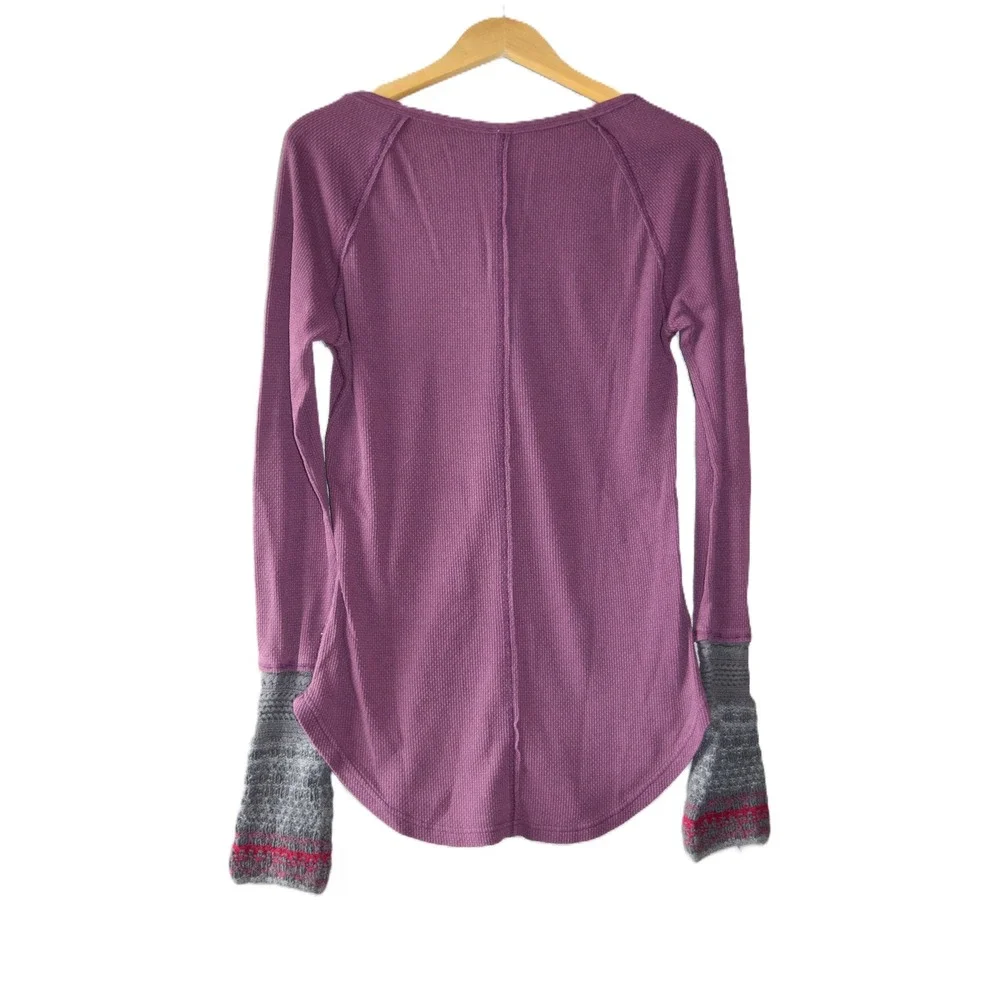 Free People Henley Thermal Women Large Purple Waffle Knit Contrast Cuff
